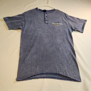 Harley Davidson Mens Shirt Sz Large Blue Stone Wash 3 Button Henley Los Angeles